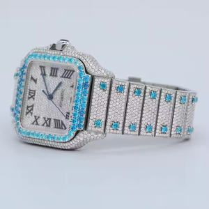 Iced Out Blue Diamond Bezel <b>Watch</b> Silver Square Automatic Roman Numerals Bust Down Luxury Hip Hop Men Bling Moissanite <b>Watch</b> - Product Image 2