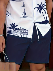 Ensemble chemise et short pour homme, vintage, tissé, été, 100% coton satiné, séchage rapide, manches courtes, 2 pièces, cadeau de vacances, plage, boutonné - Product Image 5