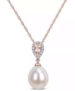 Perla cultivada en agua dulce (9-9,5mm), morganita (1/4 CT. T. W.) y Diamond-Collar de 17 "en oro rosa de 10k | Macy's - Product Image 1