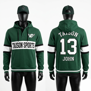 Sweat à capuche de rugby en molleton de coton et polyester 320 GSM de qualité supérieure, rouge avec empiècements contrastants et rayures, logo personnalisé imprimé à l'écran, modèle pull-over - Product Image 2