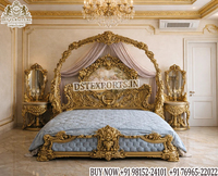 Ensemble de lit DST Exports en teck sculpté avec visage de lion, finition blanc or moderne, taille standard, hauteur réglable, 2 tiroirs, chambre à coucher