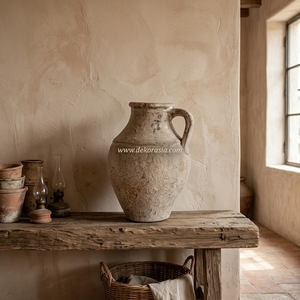 Vase Pichet Rustique en Terre Cuite Saloe avec Poignée, Artisanat en Céramique Décorative pour Table, Couleur Crème Vieilli - Product Image 6