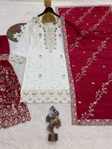 Traditional Indian Pakistani Wedding <b>Lehenga</b> Set <b>Women</b> Maroon White Embroidered Pure Chinon Slik Floor-Length Dress Stretchable - Product Image 6