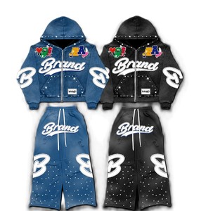 Conjunto de Sudadera con Capucha y Pantalones Acampanados Personalizados de Fabricante, Estilo Streetwear, con Lavado Ácido, Estampado DTG y Pedrería, Traje Deportivo Corto - Product Image 6