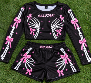 Conjunto de 2 Piezas para Mujer, Top Corto de Manga Larga con Estampado de Mano de Esqueleto y Pantalones Cortos, Logotipo de Marca Personalizado, Fabricantes Mayoristas - Product Image 6