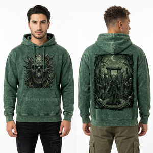 Sweat à capuche vert forêt personnalisé pour homme en coton délavé, motif graphique rituel druide squelette scène forêt au clair de lune, pull streetwear, fabricant - Product Image 1