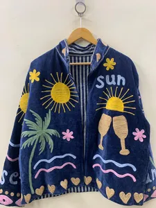 Chaqueta de Terciopelo Azul Premium Bordada para Mujer, Prenda Exterior de Lujo Hecha a Mano, Estilo Boho para Festivales, Abrigo de Invierno de Manga Larga - Product Image 3