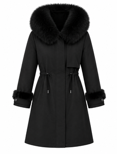 Manteau d'hiver élégant noir mi-long en duvet avec capuche et poignets en fourrure pour femme - Product Image 6