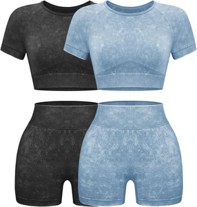 Women's Casual Seamless Ribbed 2 Piece Workout Set Sleeveless Crop Top <b>High</b> Waist <b>Knee</b> Yoga Shorts Solid Breathable Cotton - Product Image 2