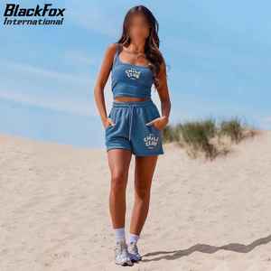 Shorts en coton bleu pour femmes BlackFox International avec cordon de serrage et poches, vêtements décontractés d'été, respirants, tricotés, ajustés - Product Image 1