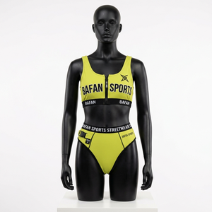 Conjunto de Bikini de Dos Piezas para Mujer, 200 GSM, Poliéster y Elastano, Tela Elástica Acanalada, Panel Amarillo Neón, Traje de Baño con Logotipo Personalizado - Product Image 1