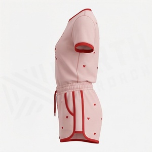 Women's Pink 2 Piece Shorts Set With <b>Heart</b> Print Short Sleeve T Shirt And Above Knee Shorts <b>Sweet</b> Style Spring Summer Wear - Product Image 3