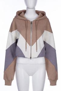 Women's <b>Cropped</b> Color Block <b>Zip</b> <b>Up</b> Hoodie Oversized Long Sleeve Fleece Hooded Sweatshirt Casual Streetwear Jacket - Product Image 3