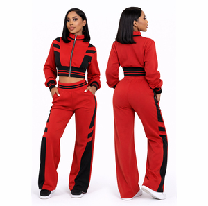 Custom 2026 Women Red Black 2 Piece Tracksuit Set Zip Up Crop Jacket Wide Leg <b>Pants</b> Casual Sporty Streetwear Outfit - Product Image 1