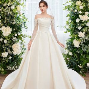 OEM High Quality Satin <b>Wedding</b> <b>Dress</b> TNBP No14 Luxury Lace Ball Gown V-Neck Long Sleeve Simple <b>Modest</b> Vintage Style Solid Print - Product Image 1