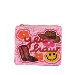 Pochette à monnaie rose à thème occidental Portefeuille personnalisé en perles de rocaille Beau cadeau de maman-Design de coeurs pour filles - Product Image 1