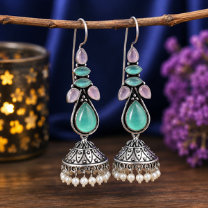 Oxidized <b>Silver</b>-Plated Cat Eye Stone Jhumka <b>Earring</b> for Women | Green Pink Gemstone <b>Dangle</b> <b>Earrings</b> | Indian Ethnic Boho Jewelry - Product Image 1