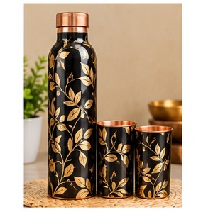 Juego de Botellas de Agua de Cobre Hechas a Mano con Diseño Mandala Bohemio, Botella de Viaje Portátil y Tazas con Patrón Verde Azulado y Dorado - Product Image 3