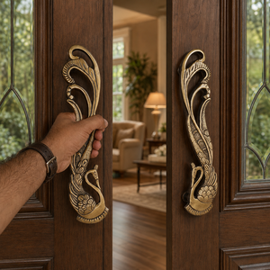 Poignée de porte SHUBHAM en laiton antique motif paon, 11 pouces, décorative vintage pour usage extérieur, entrée, porte principale, portail, armoire, meuble - Product Image 3