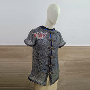 Haubert en acier doux fait main à demi-manches avec garniture en cuir, armure de chevalier unisexe pour adulte, pour reconstitution historique - Product Image 3