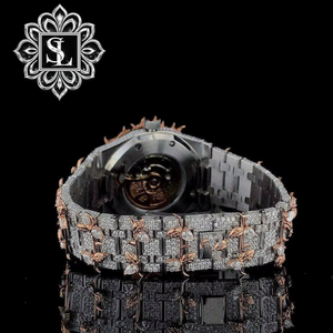 Reloj de Lujo Personalizado con Moissanita Totalmente Incrustada, Diseño de Moneda de Dibujos Animados, para Hombre, Bicolor Oro Rosa, Estilo Hip Hop, Esfera de Cuarzo, Aleación Antigua, 43mm 25mm - Product Image 6