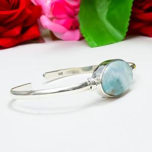 Larimar Gemstone Bangle Natural Stone 925 Sterling <b>Silver</b> Jewelry Handmade Statement Cuff Christmas Gift - Product Image 2