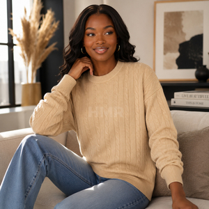 HMR Sisterhood Sorority Acrylic <b>Beige</b> Knitted Crew Neck Sweater Long Sleeve Casual Solid Color Autumn Top - Product Image 3