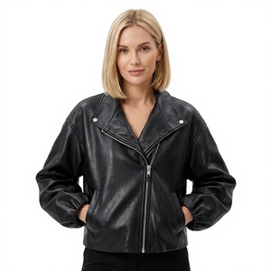 <b>Women's</b> <b>Black</b> Textured Faux Leather Motorcycle Jacket Turn Down Collar Patch Pockets Belted Waist Autumn <b>Coat</b> - Product Image 3