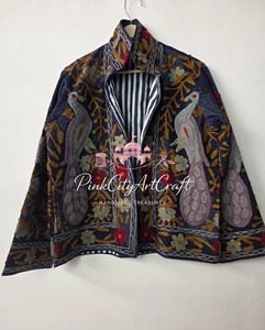 Handcrafted Suzani Embroidery Breathable Woven Velvet <b>Quilted</b> Jacket Traditional Kashmiri Floral Peacock Motif Winter Wear Coat - Product Image 2
