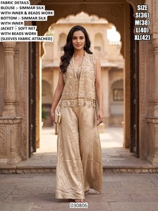 Women's Beige Floral Printed <b>Crop</b> <b>Top</b> With Palazzo Pants Set Loose Fit Traditional Indian Pakistani Style Casual Wear - Product Image 3