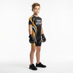 <b>Boys</b> MMA Fight Wear Short Sleeve Rash Guard Matching Shorts Sublimation Print Fitted Moisture Wicking Sports Set - Product Image 5