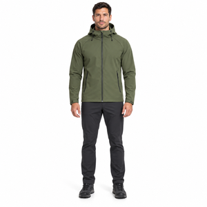 Men's Dark Green Hooded Waterproof Softshell Jacket Stand Collar Full <b>Zip</b> Casual Outdoor Windbreaker Regular Fit Men's Jacket - Product Image 1