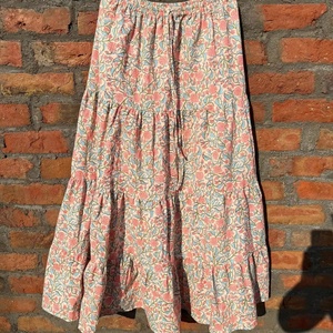 Indian Hand Block Printed White Cotton Long Skirt Dress for Women Casual Style with Elastic Waistband Breathable Long Skirt - Product Image 1