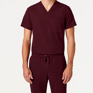 Blusa Médica para Hombre, Color Borgoña, Cuello en V, con Bolsillo en el Pecho, Uniforme de Hospital, Tela de Algodón y Poliéster - Product Image 1