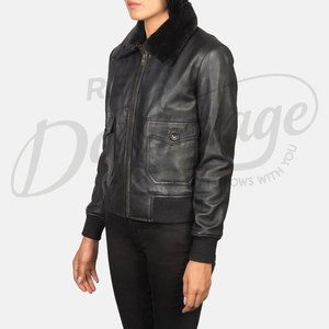 Women Black Real Leather <b>Bomber</b> <b>Jacket</b> With Faux Fur Collar Slim Fit Premium Sheepskin Casual Winter Biker Outerwear Coat - Product Image 4