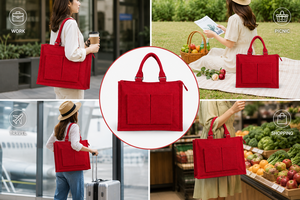 Red Jute Tote Bag With Zipper Closure And Front Pockets Minimalist Design For Daily Use - Product Image 5