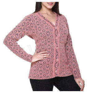 Women's Pink Solid Knitted Breathable Candy Color Cardigan V-Neck Regular Sleeve Casual Winter Wear <b>Covered</b> <b>Button</b> Embroidery - Product Image 2