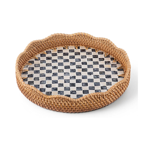 Bandeja de café artesanal de alta calidad con incrustaciones de nácar y ratán festoneado, estilo bohemio, B2B, de Vietnam. - Product Image 1