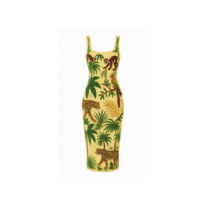 Robe longue jaune pour femme avec broderie tropicale, col carré, tissu coton/spandex, maillot de bain de haute qualité, vêtements de plage - Product Image 1