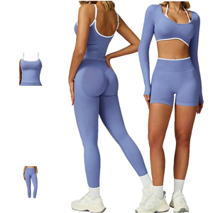 Ensemble de vêtements de sport pour homme en cinq pièces, bleu, soutien-gorge de sport extensible, haut court à manches longues, shorts, vêtements de fitness décontractés, coupe ajustée, taille élastique - Product Image 4