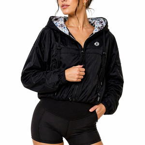 Custom Black Women's Cropped Windbreaker Packable Option <b>Lightweight</b> Hooded Zip Up Fitness Outerwear OEM Bomber <b>jacket</b> for men - Product Image 6