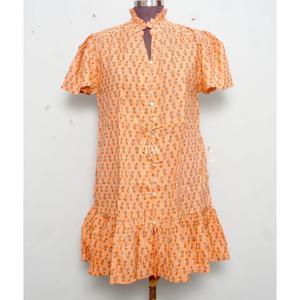 Orange Handmade Floral <b>Print</b> Midi <b>Dress</b> Short Sleeve Stand Collar Button Up High Waist Ruffle A Line Summer <b>Dress</b> - Product Image 2
