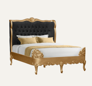 Cama King Size Clásica Europea de Madera de Caoba Tapizada y Ensamblada, de Lujo - Product Image 1