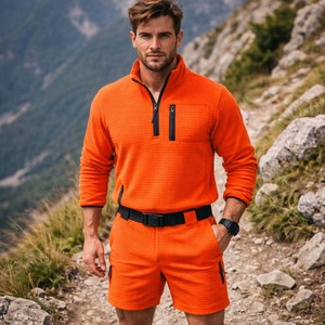 Conjunto de Dos Piezas para Hombre, Top de Forro Polar Texturizado Transpirable con Cierre de Cremallera y Pantalones Cortos, Ropa Deportiva Informal para Verano, Senderismo y Uso Diario - Product Image 4