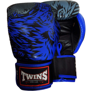 Guantes de Boxeo Twins Muaythai Azul y Negro con Estampado Digital, Cuero Vacuno Auténtico, Ligeros, Dedos Completos - Product Image 1