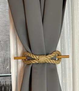 Curtain Holdback..Beige Jute Rope Curtain <b>Tieback</b> with Wooden Stick.. Rustic Natural Window Accessory - Product Image 2