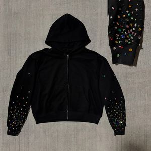 Sweat à capuche zippé personnalisé noir avec strass, streetwear oversize hiver pour hommes et femmes, cristaux colorés, tissu respirant - Product Image 2