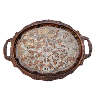 Plateau de service ovale marocain en bois fait main avec poignées, plateau à thé en métal gravé, style vintage, décoration d'intérieur, plateau ottoman - Product Image 1
