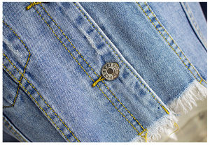 Veste en jean courte pour femme avec ourlet effiloché, manches longues, col rabattu, en coton délavé, style printemps - Product Image 3