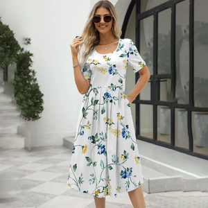 Vestido de Verano 2026 para Mujer, Estilo Europeo y Estadounidense, Elegante, Estampado, Cuello Redondo, Manga Corta, con Cierre - Product Image 6